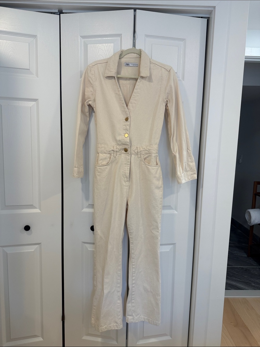 Zara Cream Long-Sleeve Utility Jumpsuit with Front Buttons